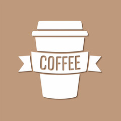 Coffee Cup Silhouette with Banner Text – Minimalist White Paper Cut Style on Brown Background