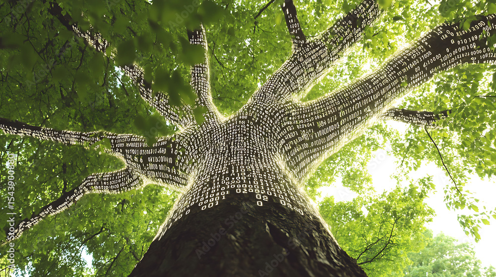 Poster stunning lowangle shot of a majestic tree, its bark intricately adorned with glowing binary code, sy