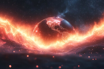 Stunning futuristic digital art depicting a fiery, glowing Earth enveloped in cosmic energy.  Ideal for technology, science fiction, global network, or environmental themes.