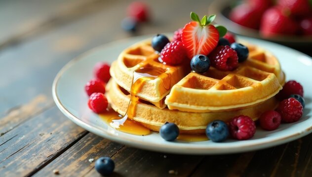 Freshly made waffles with mixed berries and drizzle of syrup, berries, waffles, morning