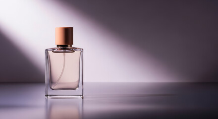 Elegant Perfume Bottle with Wooden Cap on Reflective Surface Against Gray Backdrop in Studio Lighting