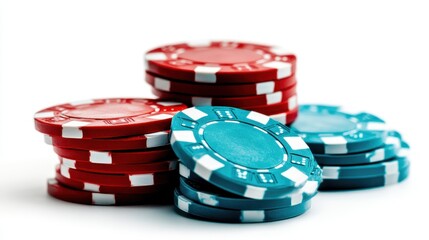 A vibrant collection of stacked poker chips in blue and red creates an exciting visual representation of gambling and strategy in a casino setting, enticing players with vibrant colors.