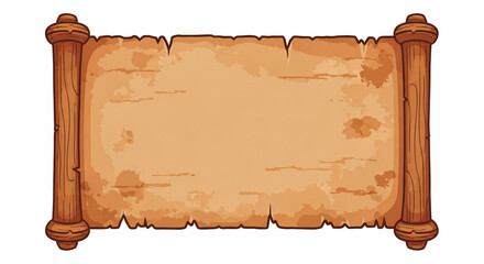 Illustration of an old parchment scroll with wooden handles on a white isolated background