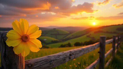 Fototapeta premium Yellow Flower Sunset Rural Landscape Wooden Fence countryside