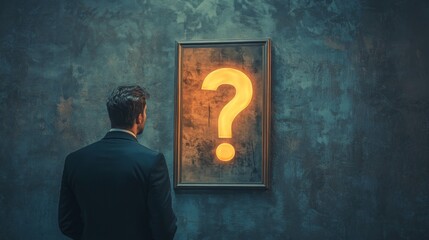 Man in formal attire contemplates a glowing question mark on a textured wall in a dimly lit room during the evening