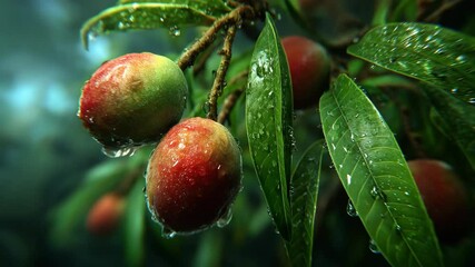 A tree with raw mangoes with heavy rain - Powered by Adobe