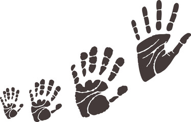 Dark Brown Stylized Handprints in Varying Sizes on White Background &ndash; Symbolic Growth and Progression Art with Detailed Finger and Palm Outlines