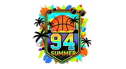Vector clothing print of basketball badge with 94 number and vibrant summer theme