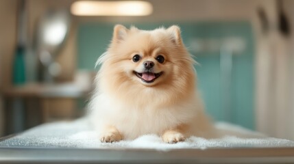 A fluffy Pomeranian dog with a cheerful expression is posed indoors, showcasing its adorable fur and playful demeanor, perfect for dog lovers and pet enthusiasts alike.
