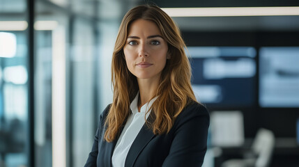 A female executive in a formal business suit standing in a modern office space, discussing strategic plans with her colleagues. The environment reflects a professional and collabor