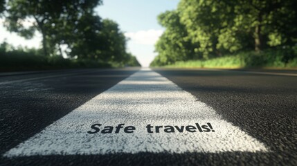 Road marking with safe travels message along a quiet, tree-lined highway on a sunny day in the countryside