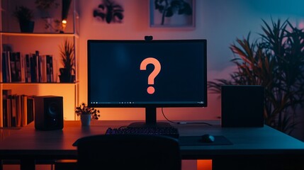 Home office setup with a monitor displaying a question mark at dusk, surrounded by plants and ambient lighting
