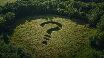 Large question mark carved into grass field surrounded by dense forest during daylight in a rural area