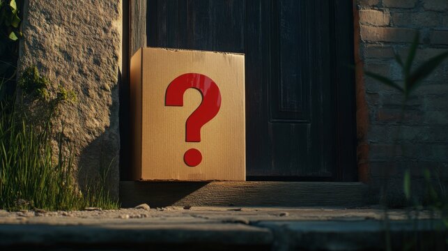 Mysterious package with a question mark placed at a wooden door entrance in a quiet outdoor setting during daytime