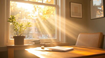 A serene indoor space is illuminated by soft sunlight streaming through a window, highlighting a leafy plant and a tidy desk, creating a calming atmosphere.
