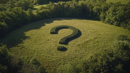 Unique green question mark shaped shrubbery in a sunny meadow surrounded by trees