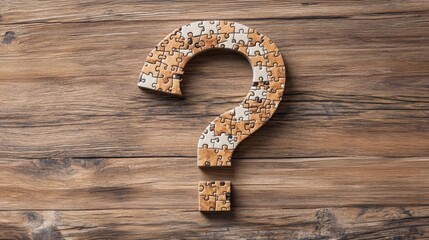 Creative puzzle piece arrangement forming a question mark on a wooden background creates a playful atmosphere for problem-solving