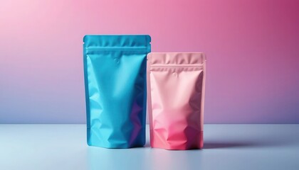 Two colorful blank packaging bags mockup on a pink and blue gradient background