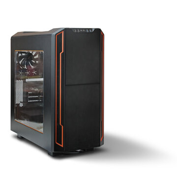 A sleek computer tower with a transparent side panel, showcasing internal components, designed for gaming or high-performance tasks.