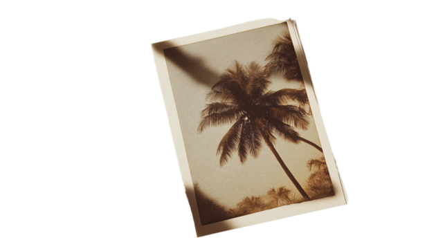 Postcard from tropical location, vintage effect, taped to grid notebook, cinematic shadow