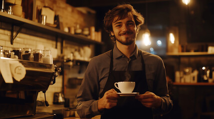 Waiter in black apron offering a cup of coffee with a warm smile in a cozy cafe environment waiter, black apron, cup of coffee, serving coffee, barista service, hospitality, cafe i
