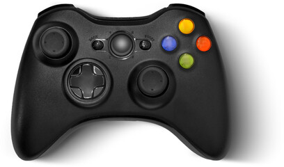 A black gaming controller featuring various buttons and joysticks for interactive gameplay.