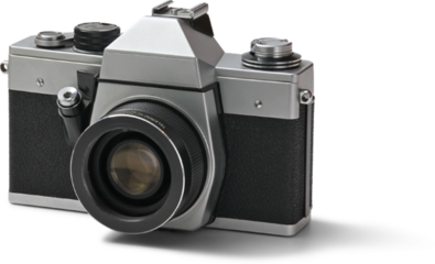 A vintage camera with a sleek design, used for capturing photographs.