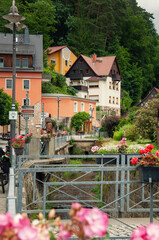 Kurort Rathen, Saxony, Germany. Colourful traditional german guest houses with flowers. Switzerland...