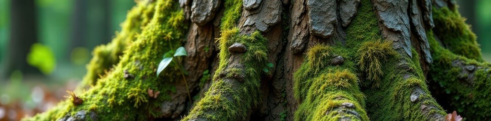 Weathered tree trunk with moss and lichen, texture closeup, nature, lichen, foliage
