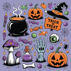 Spooky Halloween Vector Set – Pumpkins, Cauldron, Witch Hat, Candy & Skeleton Hand
