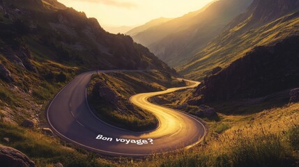 Winding road through mountainous landscape at sunset inviting journey and adventure in nature