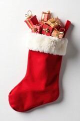 A Christmas stocking overflowing with miniature gift boxes on a white background , merry, graphic