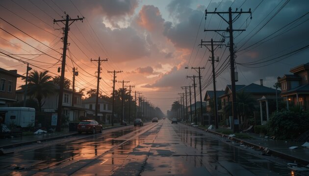 Urban street reflecting sunset after rain with power lines
