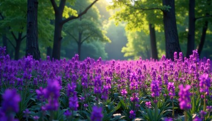 A majestic purple flower field dominates the forest canopy, overgrown, foliage, greenery