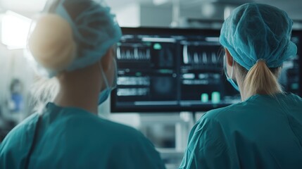 Two healthcare professionals in scrubs are intently focused on analyzing medical images displayed on a monitor in a modern medical facility, working diligently for patient care.