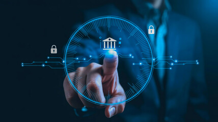 A glowing blue finger scans a circular digital interface with bank and lock icons, radial blue lines, and cyan-accented data links on a black futuristic background