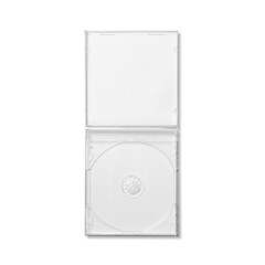 A transparent CD case with a disc holder, designed for storing compact discs securely.