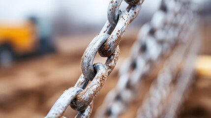 This close-up image captures a section of a rusty metal chain, highlighting its texture and wear, set against a blurred background that adds depth and context to the shot.