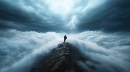 A lone figure stands at the edge of a rocky cliff, surrounded by dark, ominous clouds and lightning strikes, symbolizing adventure, contemplation, and the raw power of nature.