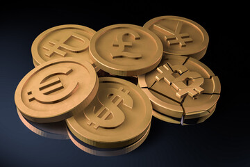 A stack of coins with a broken bitcoin on the right. The other coins are euro, US dollar, ruble, Chinese yuan, British pound.