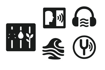 Calming Sound Icons. Solid style icons of calming sounds: nature sound mixer, quiet room icon, headphones with relaxing waves,
