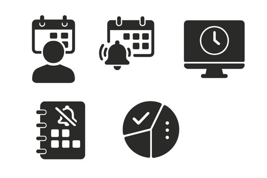 Mindful Schedule Icons. Solid style icons of mindful focus schedules: user with balanced calendar, schedule with break reminders,