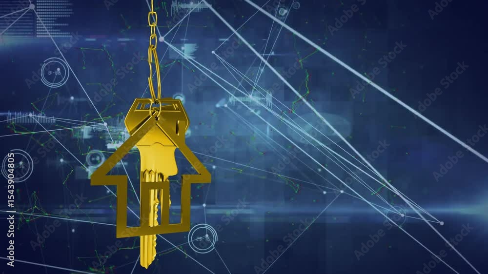 Poster network starting 3d gold home keyring swinging, showing turning keys and fading stats for security