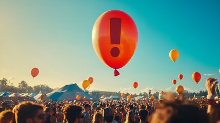 Festive gathering features colorful balloons against a clear blue sky during a lively outdoor celebration