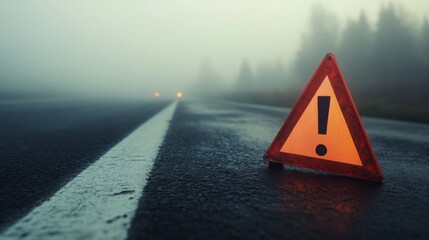 Warning sign on a foggy road during early morning, alerting drivers to potential hazards ahead