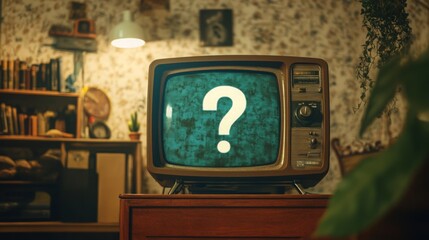 Vintage television displaying a question mark in a retro living room setting with eclectic decor and warm lighting