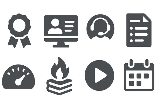 Personalized Learning Icons. Solid style icons of personalized learning journeys: certification ribbon, digital classroom, online