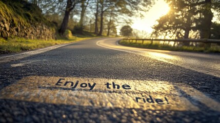 Scenic winding road with motivational message at sunset invites adventure and exploration