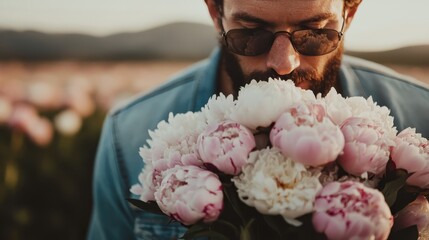 A man enjoys the fragrance of pink peonies, embodying a serene and sentimental moment amidst nature, celebrating beauty and life's simple joys.