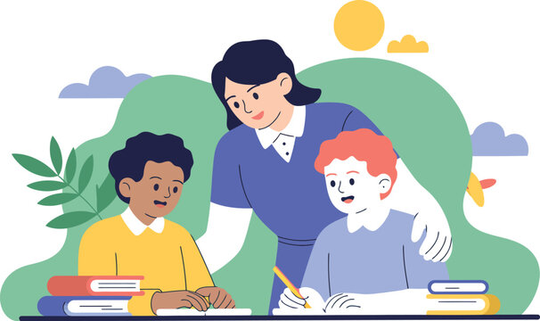 Teacher assisting two students with their work in a bright classroom setting